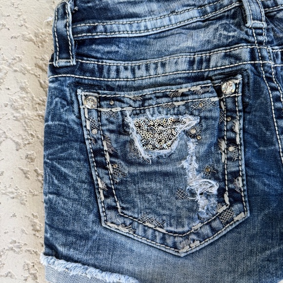 Miss Me Shorts Size 25 Womens Embellished Rhinestone Short Sequins Low Rise Blue - Picture 5 of 11